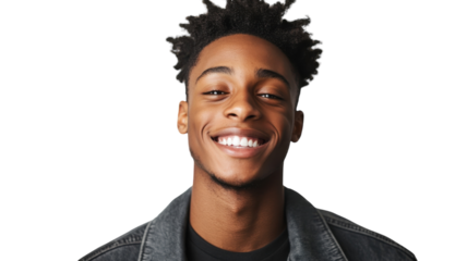 Young man smiling confidently with curly hair against a bright white background