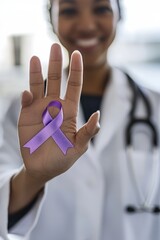 Doctor holding a purple awareness ribbon, promoting health education and cancer awareness in a medical environment. Support, treatment, and advocacy concepts.