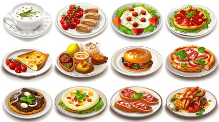 A set of twelve cartoon illustrations of food on plates.