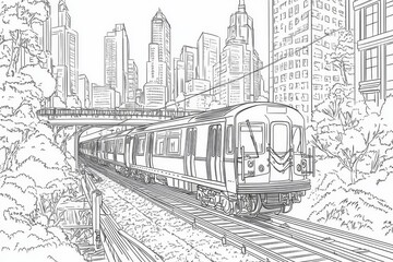 Fototapeta premium Urban Train Sketch: Cityscape Illustration