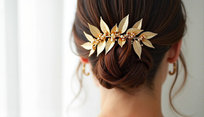 Naklejka premium Delicate gold leaf hair pin on styled hair, pure white setting, extreme close-up highlights leaf intricacy
