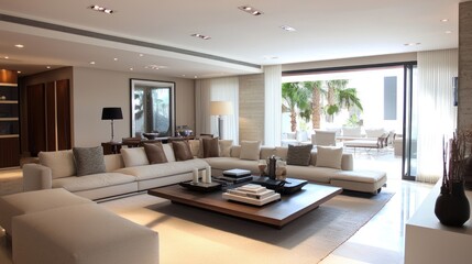 Fototapeta premium Modern Living Room with Outdoor Patio View