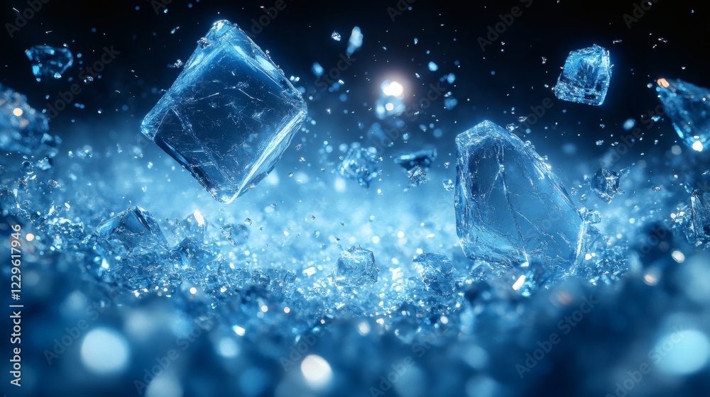Fototapete abstract scene of scattered blue glass shards floating in space with translucent reflections and sha