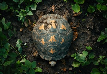 Close-Up View of a Turtle Shelled Reptile Crawling Through Green Foliage in a Natural Outdoor Environment Underneath Clear Blue Sky