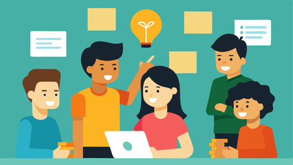 Fototapeta premium Young Innovators Young students participating in a program about financial inclusion brainstorming business ideas on sticky notes in a classroom setting.