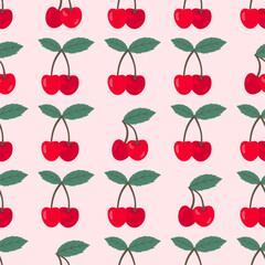 Sweet cherry seamless pattern. Vector cute summer simple fruit print with red cherries on pink background. Juicy double berry with leaf for wrapping, fabric texture, summer decor, textile, fashion.