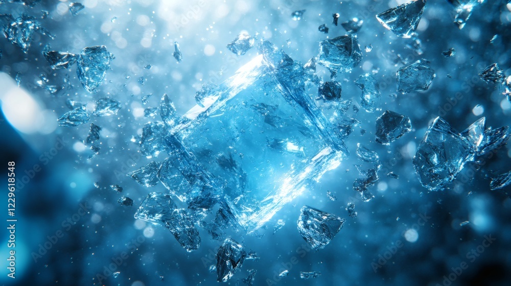 Fototapete abstract scene of scattered blue glass shards floating in space with translucent reflections and sha