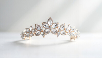 Fototapeta premium Crystal tiara with floral details in soft lighting on white background, highlighting sparkle