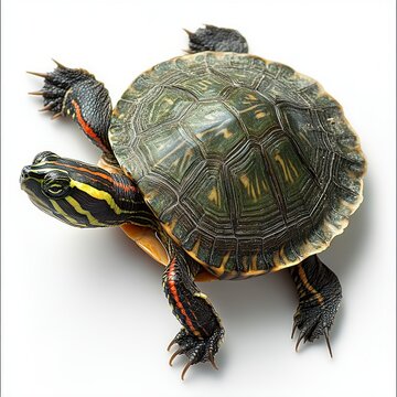 Colorful Painted Turtle on White Background with Detailed Shell Pattern and Unique Features of Freshwater Reptile in Natural Pose