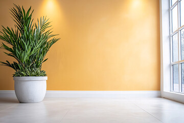 Fototapeta premium bright interior space featuring large green plant in white pot against pale yellow wall, creating warm and inviting atmosphere