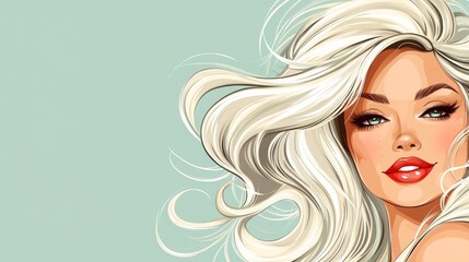 Smiling young woman with long blonde hair on pastel flat lay background with copy space