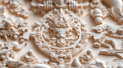 Obraz premium Intricate Wooden Dragon Relief: Asian-Inspired Carving Detail