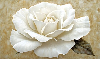 White rose painting, beige background, floral art, home decor