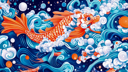 Fototapeta premium Orange Koi Fish Swimming in Blue Waves: Abstract Aquatic Art