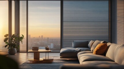 This elegant living room showcases a modern design aesthetic with a stunning sunset view. The tranquil ambiance invites relaxation and comfort.