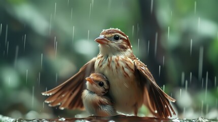 Tender Moment of Mother Bird Protecting Chick in Rainy Setting