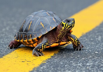 Obraz premium Colorful turtle crossing a yellow striped road, showcasing its vibrant shell pattern and intricate details while navigating urban habitat challenges