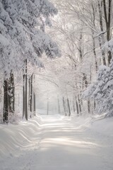 Fototapeta premium Children explore a snowy forest while snowshoeing and embracing the serene beauty of winter wilderness
