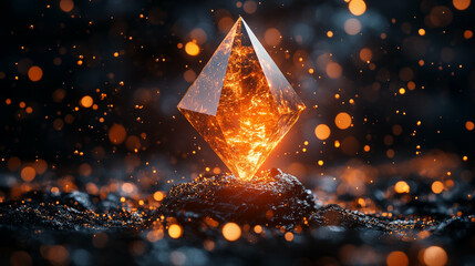 Glowing crystal pyramid floating with magical sparks against dark background. Fantasy geometric gem emitting mysterious light and energy concept