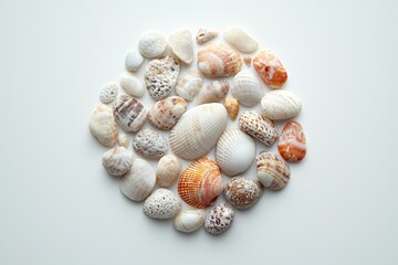 Seashells and pebbles arranged in circle on white background for design