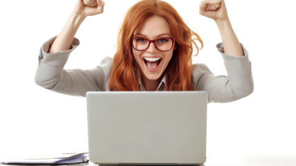 Excitement and triumph are expressed by a woman celebrating a victory at her laptop in a bright indoor setting