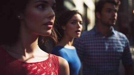 Group of young adults walking on city street with urban backdrop, showcasing friendship, diversity, and modern lifestyle in a vibrant neighborhood setting.
