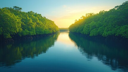 Obraz premium Serene mangrove river at sunrise, tranquil waters reflect lush greenery.