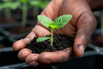 Closeup of a Person's Hand Gently Holding a Small Green Sprout E