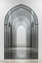 Fototapeta premium Glass archway hallway, modern minimalist design, reflective floor.