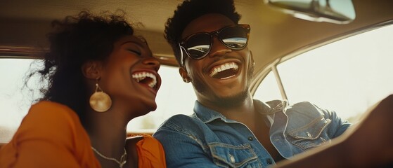 Happy couple enjoying a road trip in vintage car, sharing laughter and joy. Adventure, freedom, and love symbolize their memorable journey together.