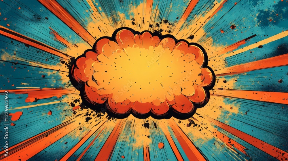 Poster exploding speech bubble in bold comic style with sharp rays of color and action lines shooting outwa