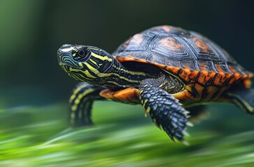 Fototapeta premium Colorful turtle swimming gracefully through vibrant underwater vegetation with clear blue water background in serene aquatic habitat