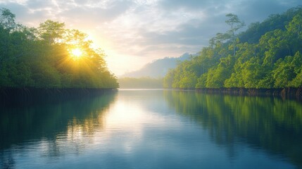 Golden sunrise over tranquil mangrove river.