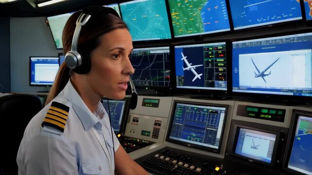 Air traffic controller monitors flight navigation on multiple screens in hightech control room