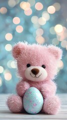 Fototapeta premium Studio shot of a cute pink teddy with a chocolate Easter egg. Ethereal bokeh background