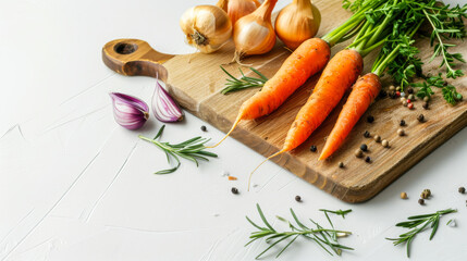 Fresh vegetables prepared for cooking with herbs on a wooden cutting board in a bright kitchen