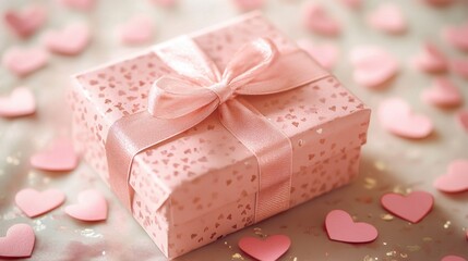 Pink gift box with ribbon and heart motif surrounded by small heart shapes