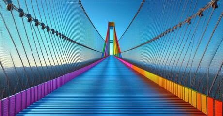 Suspension bridge bound by thousands of tensioned cables, forming a mesmerizing geometric pattern. Vibrant colors contrast with the vast sky, symbolizing connection and stability
