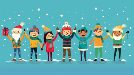 Fototapeta premium A group of cartoon children in winter clothes, smiling and holding hands.