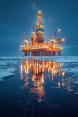 Obraz premium Illuminated offshore oil rig reflects on icy water