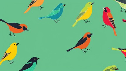 A pattern of colorful birds on a green background.