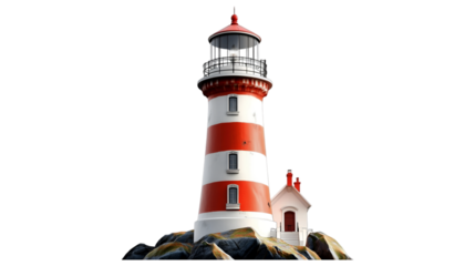Red and White Lighthouse on Rocky Coastline isolated on transparent background