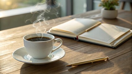 A steaming cup of coffee beside a notebook on a rustic wooden table, cozy vibes