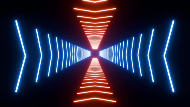 Abstract futuristic background with neon glowing laser arrow lines. Bright sci fi infinity loop 3d animation. Modern fashion tunnel, path or road.