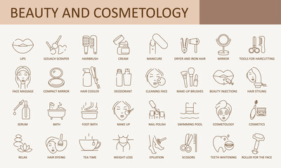 a collection of makeup, cosmetology, beauty, body care icons.Set of  outline icons related to beauty and spa. Linear icon collection. Editable stroke. Vector illustration. 