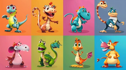 Fototapeta premium A set of eight different cartoon dinosaurs, each with a different color and design.