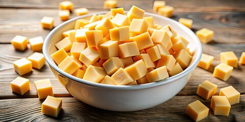 Overhead shot of gourmet diced cheese cubes, showcasing texture and culinary artistry in high-resolution.