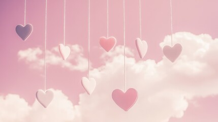 Hearts hanging from strings in a dreamy pink sky with soft clouds, symbolizing love, romance, and affection, perfect for Valentines Day or weddings.