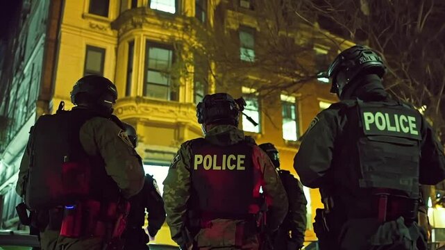 Police officers raiding at night