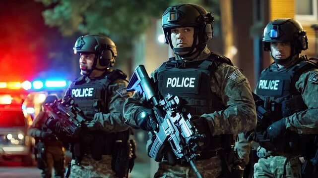 Police officers raiding at night
